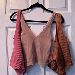 (set) Ribbed V-Neck Tank Top - Pink, Cream, and Rusty Orange